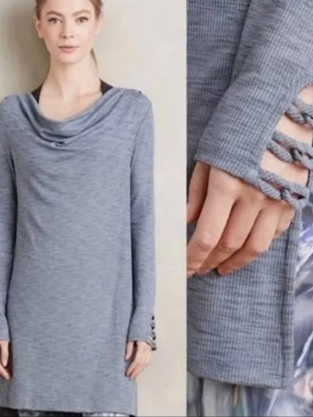 Anthropologie Blue Marled Cowl Neck Ribbed Tunic Sweater